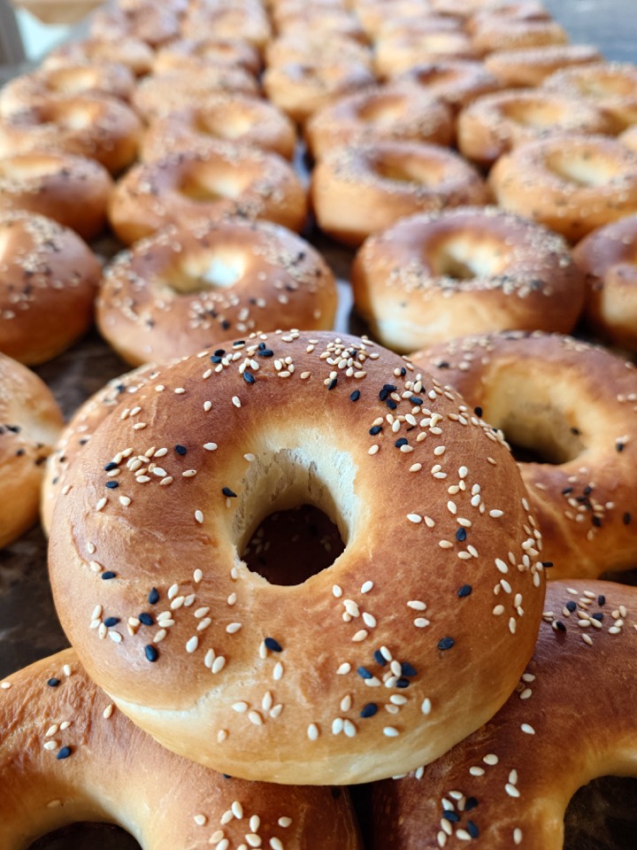 A pile of sesame and everything bagels